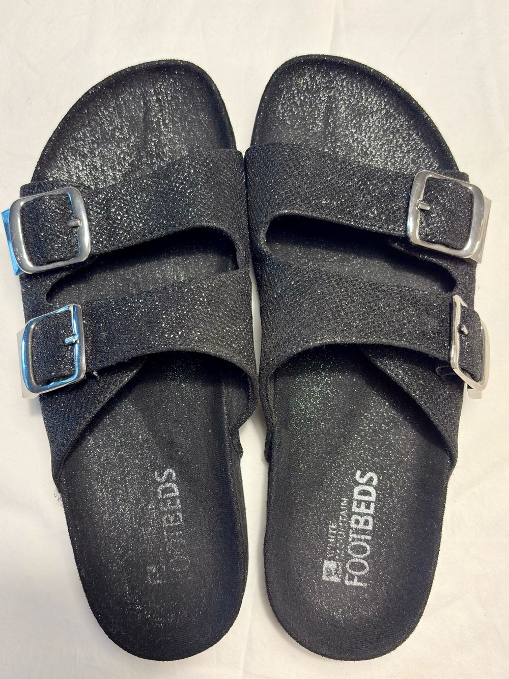 White Mountain Footbeds Black Glitter Double Buckle Slide Sandals | Size 9